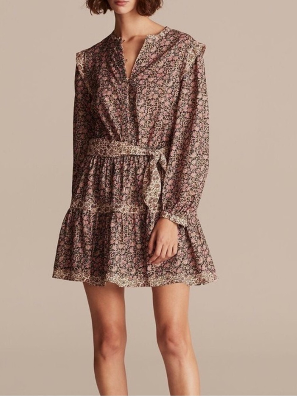 La Vie Rebecca Taylor women XS Floral Metallic Claudine Belted Long Sleeve Dress